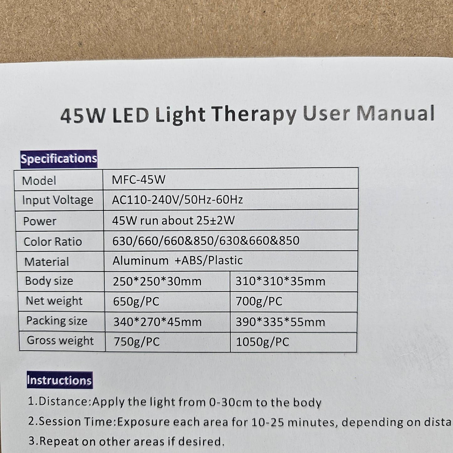 Red Light Theraphy Panel MFC-45W - DQ Distribution