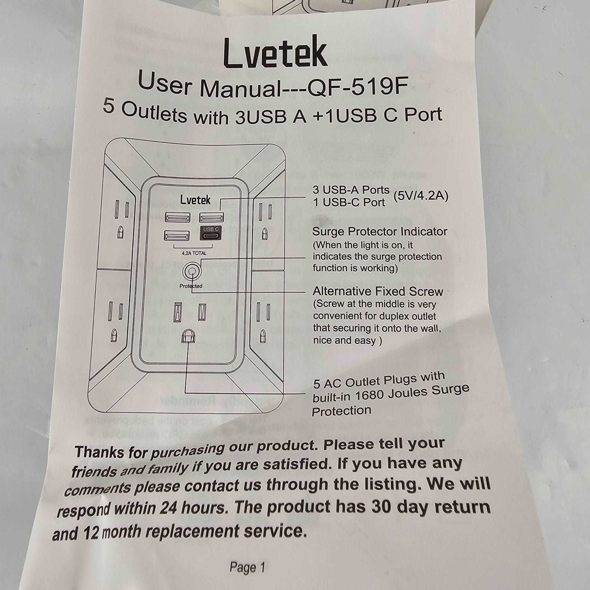 4 in 1 5 AC Outlets Surge Protection Lvetek QF-519F - DQ Distribution