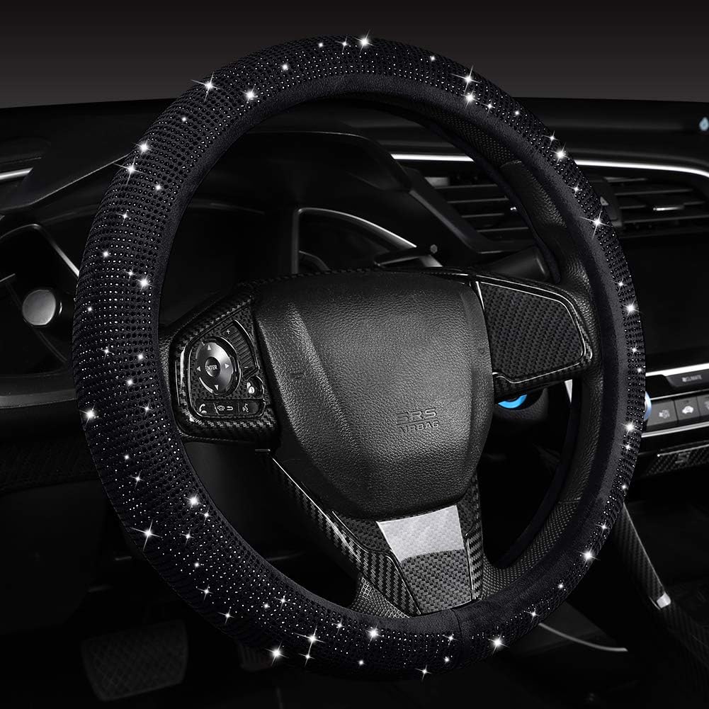 Women’s Black Velvet Bling Steering Wheel Cover with Rhinestones, 15” Glitter Sparkling Car Wheel Cover