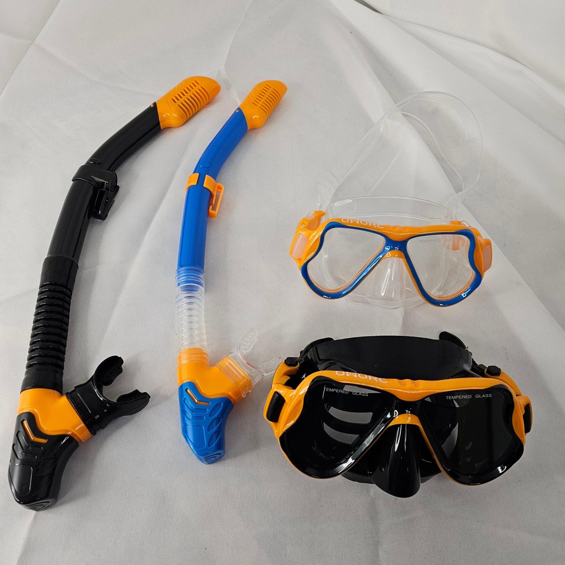 Family Snorkel Set - Adult & Youth Sizes, 2-Pack, Orange/Blue & Black/Orange - DQ Distribution
